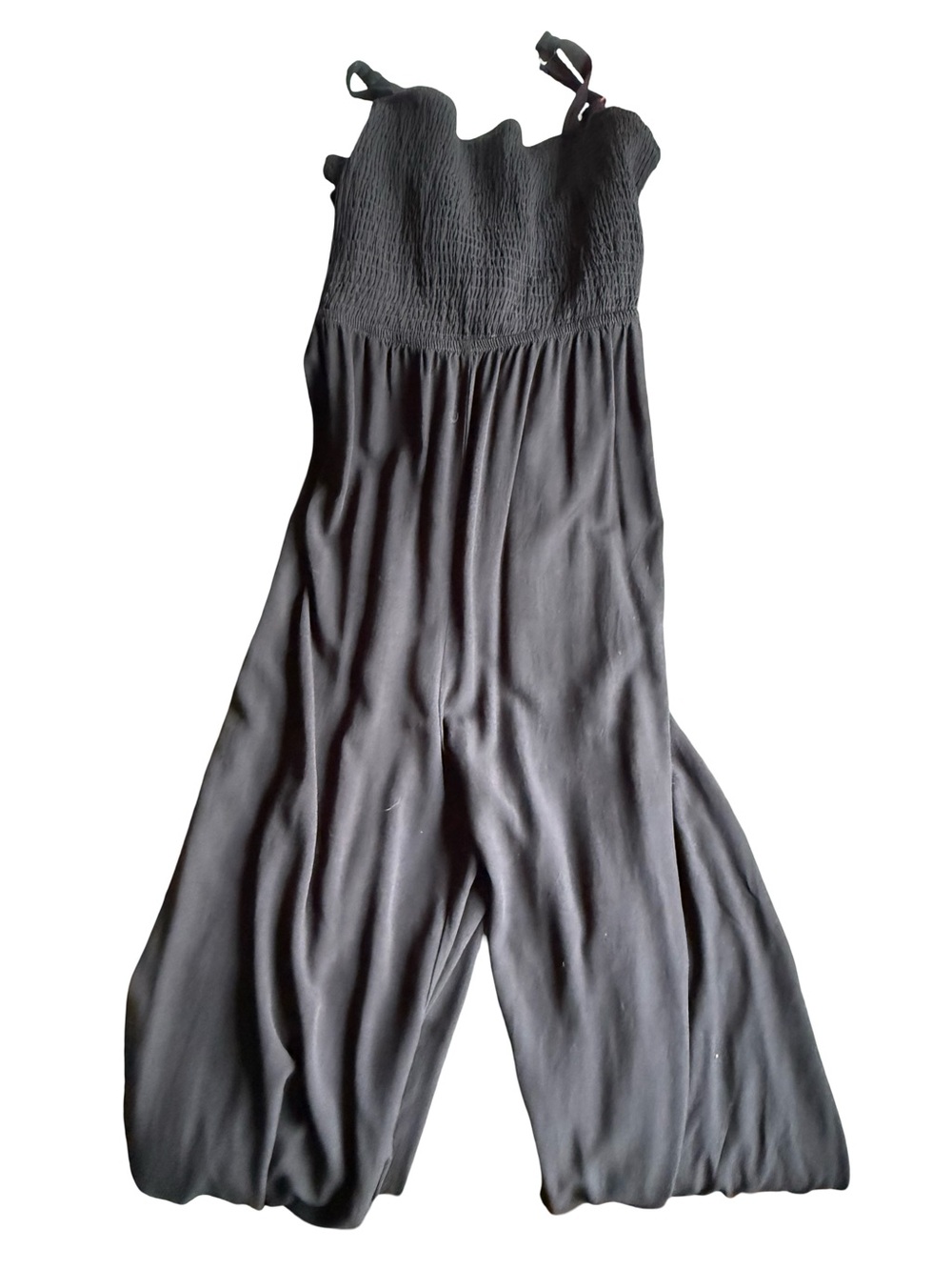 Maurices Black Smocked Bodice Wide-Leg Jumpsuit with Tie Straps